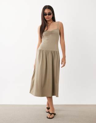 Mango Cotton Rich Dropped Waist Midi Dress In Neutral