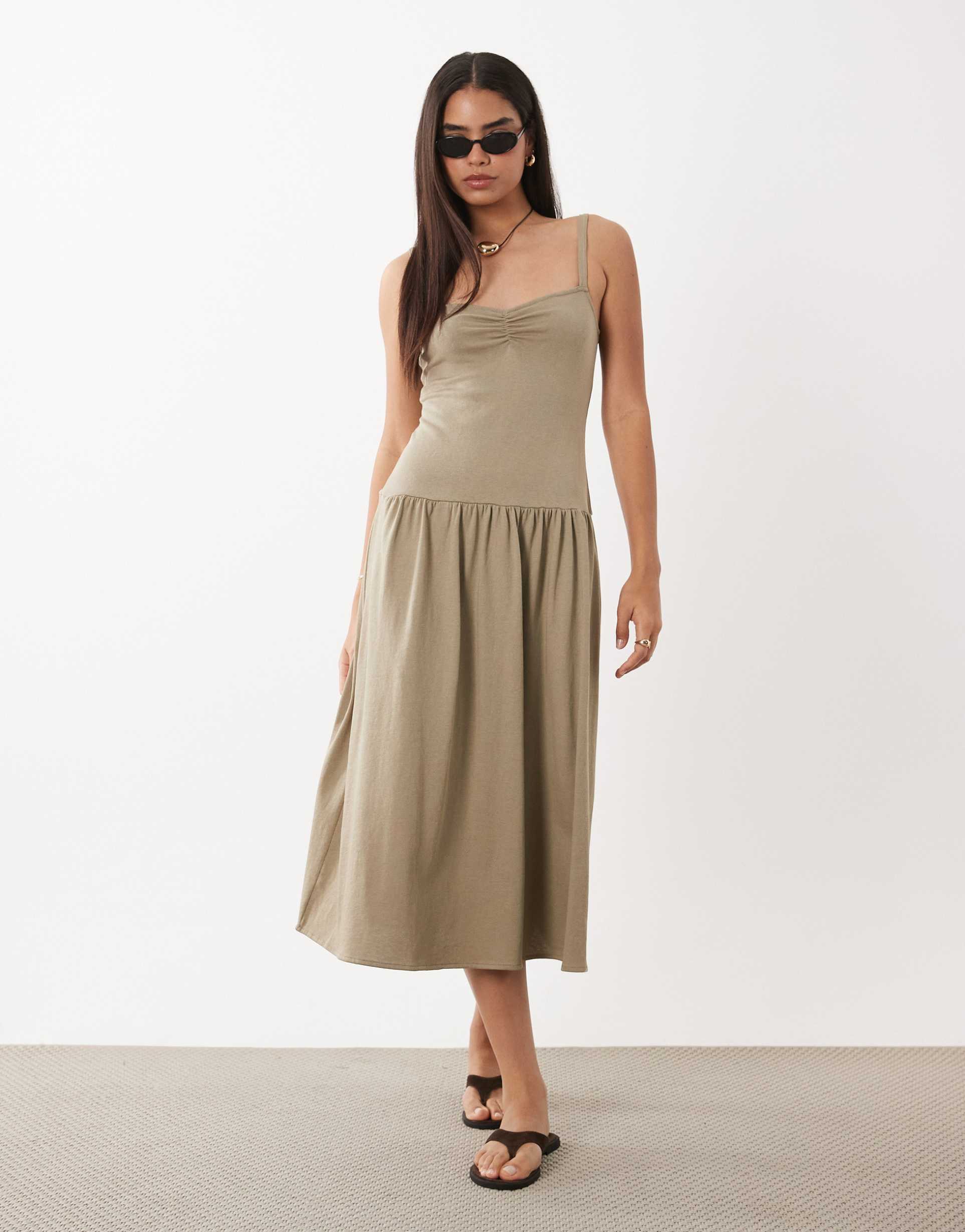 mango cotton rich dropped waist midi dress in light green