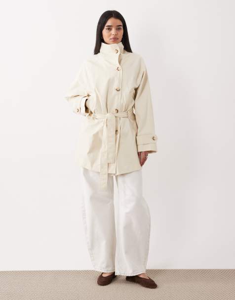 Mango cotton rich funnel neck trench coat in cream - view 1