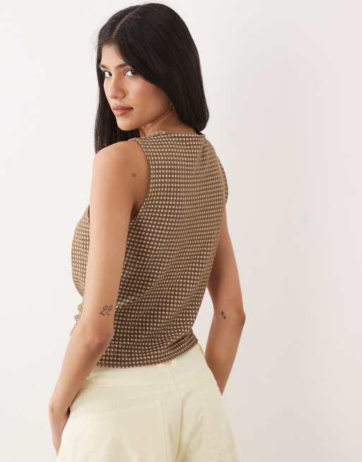Mango cotton rich gingham ruched detail sleeveless top in brown, 4 of 4