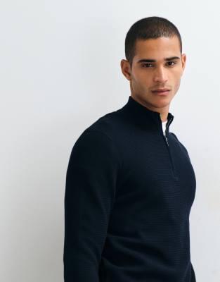 Mango Cotton Rich Knit Quarter Zip Sweater In Navy