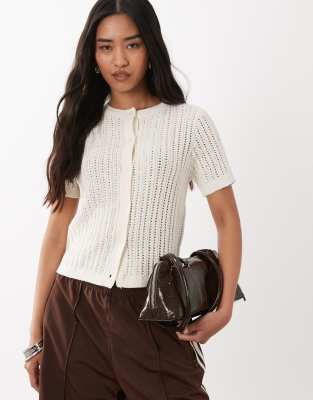 Mango Cotton Rich Knit Short Sleeve Cardigan In Neutral