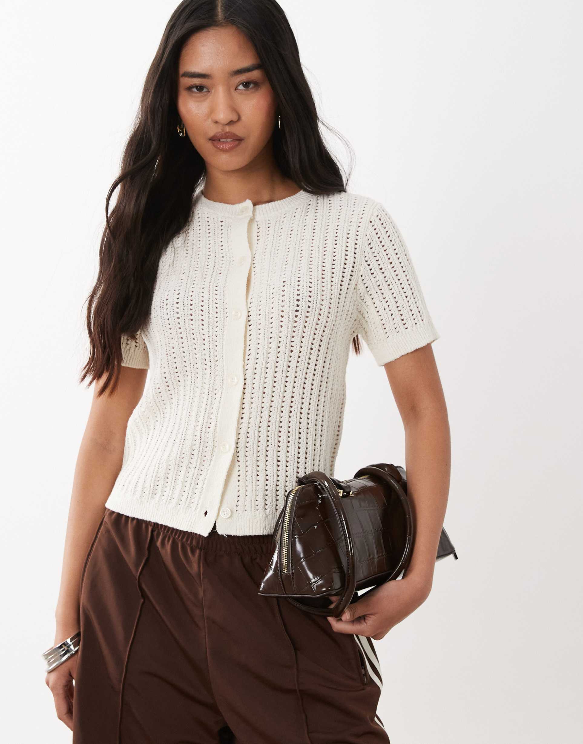 mango cotton rich knit short sleeve cardigan in cream
