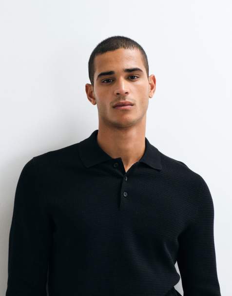 Mango cotton rich knitted polo top in black - view 1