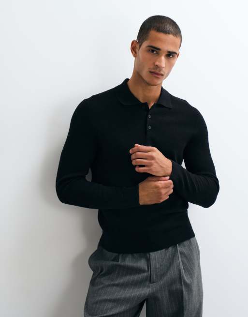 Mango cotton rich knitted polo top in black, 2 of 5