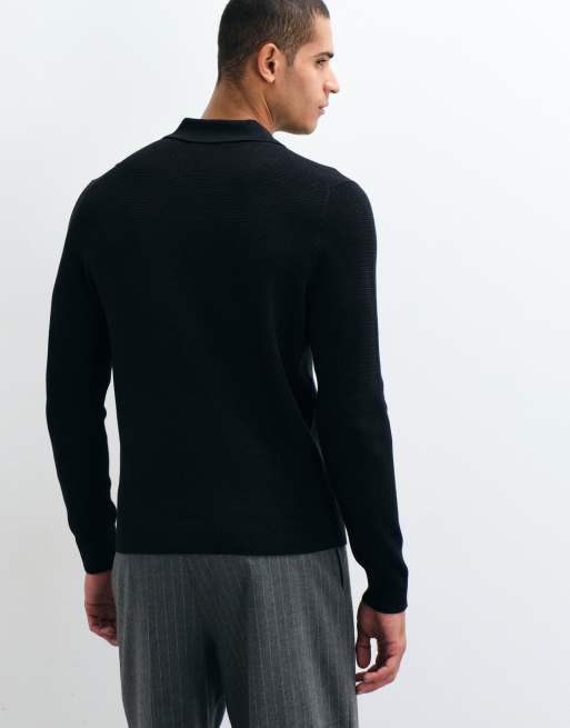 Mango cotton rich knitted polo top in black, 4 of 5