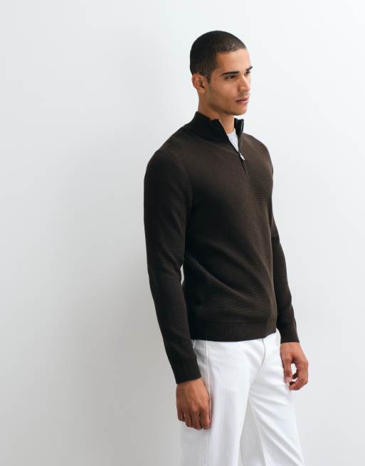 Mango cotton rich knitted quarter zip jumper in dark brown, 4 of 5