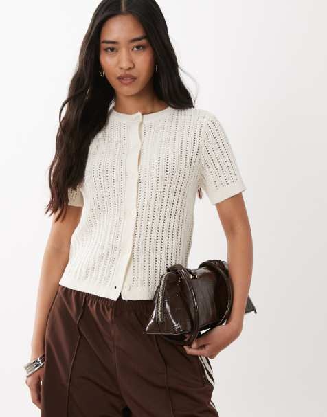 Mango cotton rich knitted short sleeve cardigan in cream - view 1