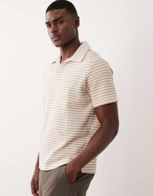 Mango cotton rich revere neck striped t-shirt in beige-Neutral