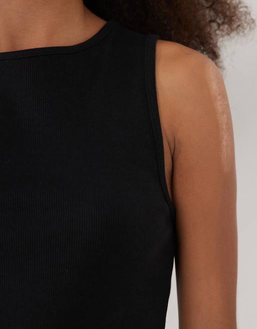 Mango cotton rich ribbed racer tank top in black, 3 of 4