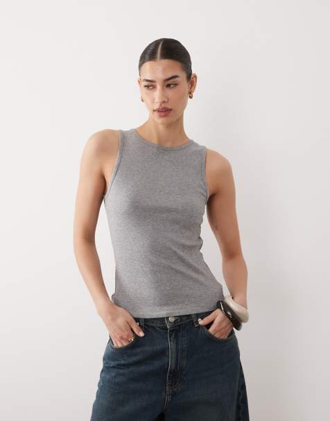 Mango cotton rich ribbed racer tank top in gray - view 1