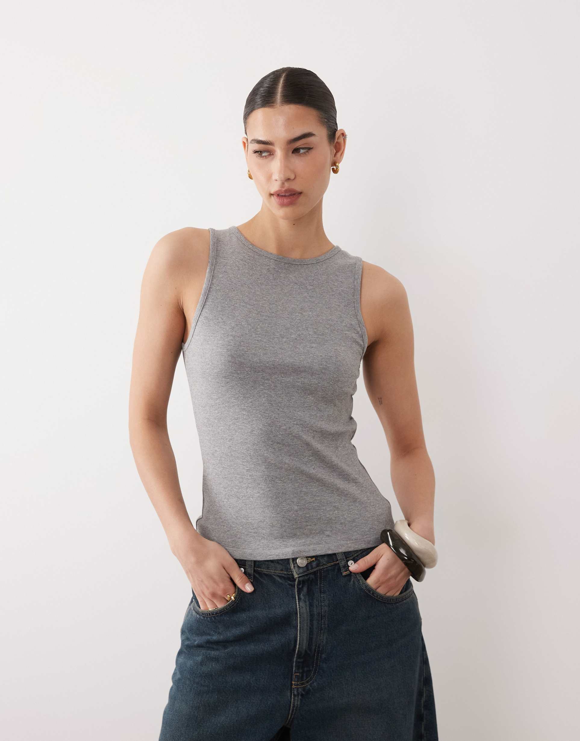 mango cotton rich ribbed racer tank top in gray