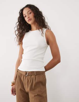 Mango Cotton Rich Ribbed Racer Tank Top In White