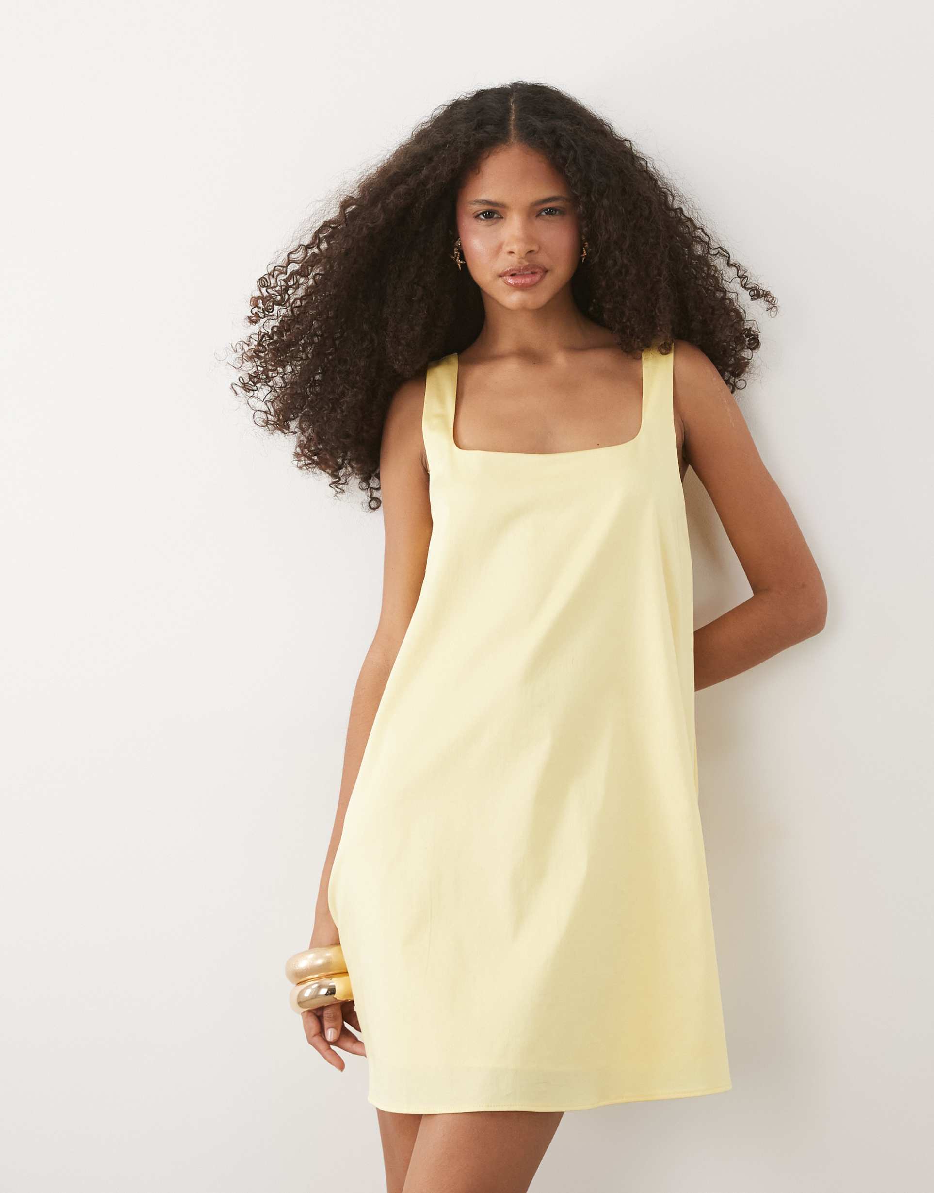 mango cotton rich scoop neck mini dress in butter yellow