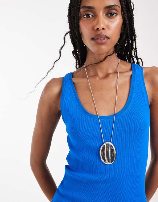 Mango cotton rich scoop neck tank top in blue, 3 of 8