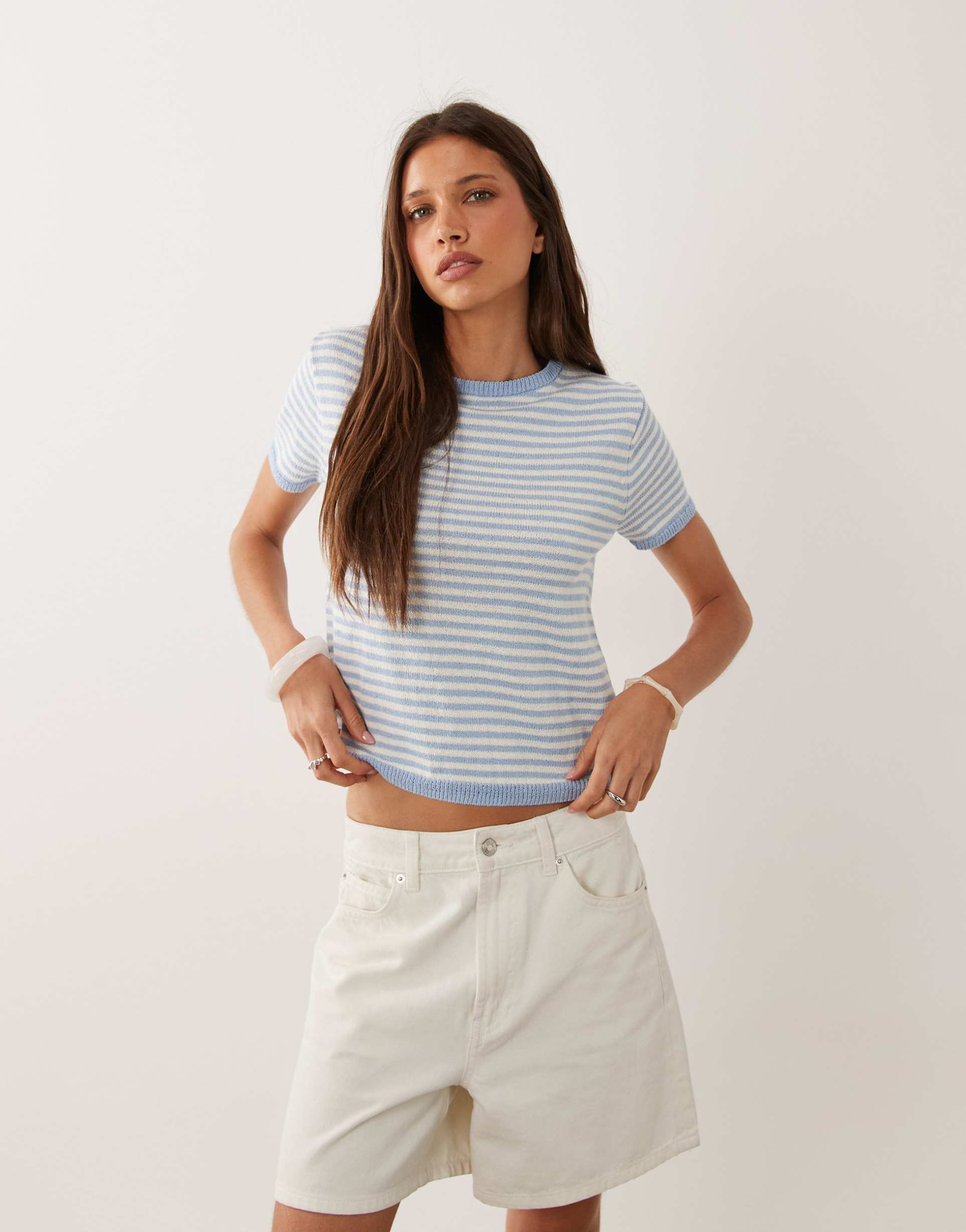mango cotton rich short sleeve knit top in pastel blue stripes