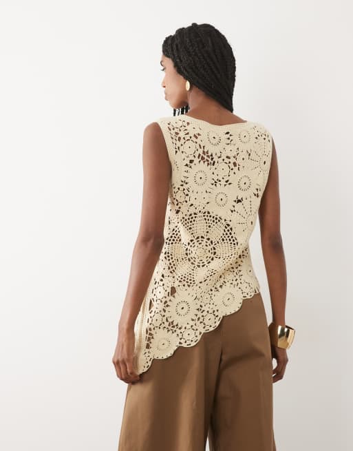 Mango cotton rich sleeveless aysmmetric crochet top in beige, 4 of 4