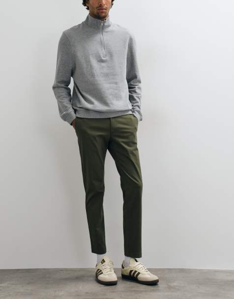 Mango cotton rich slim fit pants in khaki green - view 1