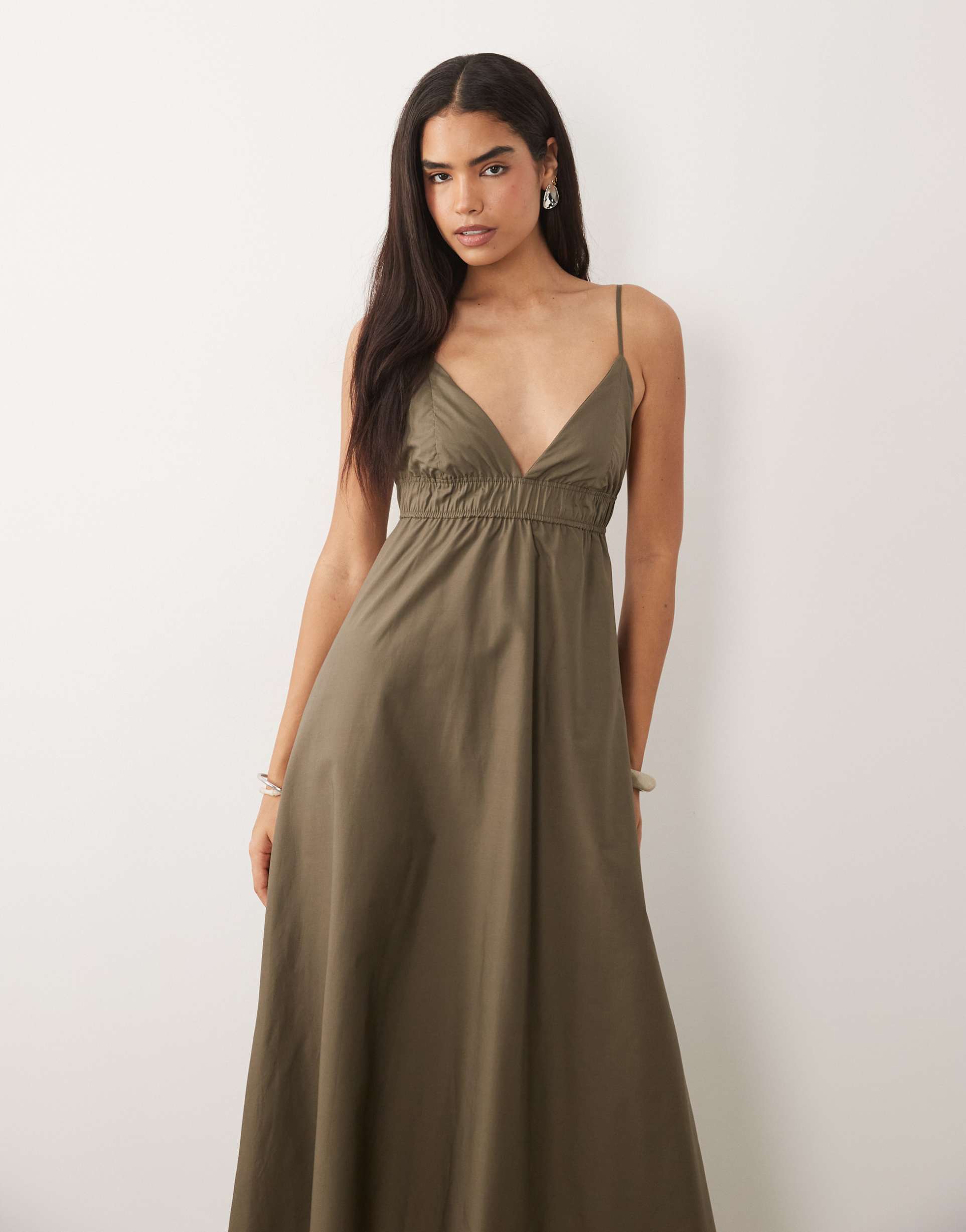 mango cotton rich strappy cami maxi dress in khaki