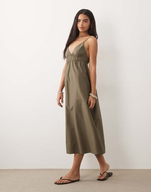 Mango cotton rich strappy cami maxi dress in khaki, 2 of 4