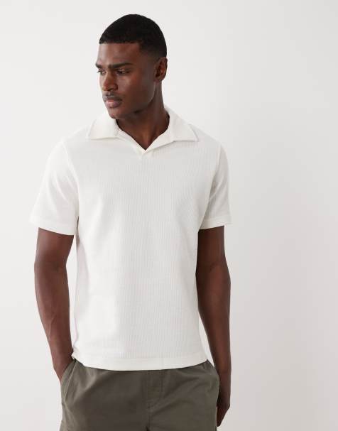 Mango cotton rich textured knit revere neck t-shirt in white