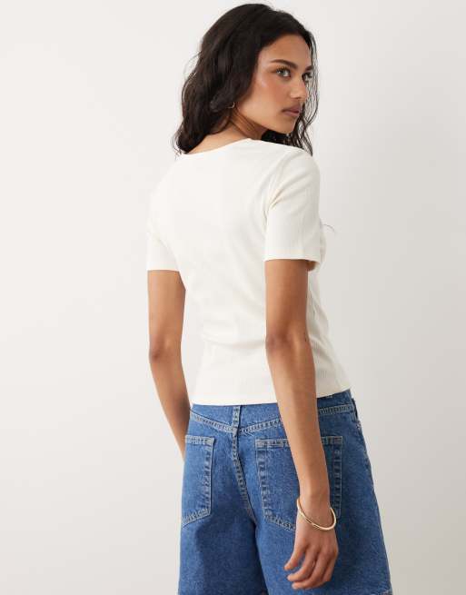 Mango cotton rich v neck t-shirt with lace trim in cream, 3 of 4