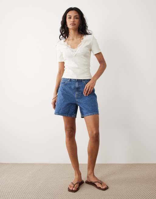 Mango cotton rich v neck t-shirt with lace trim in cream, 4 of 4
