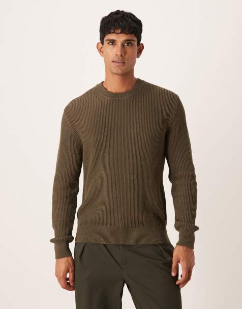 Mango cotton round neck sweater in dark green - view 1