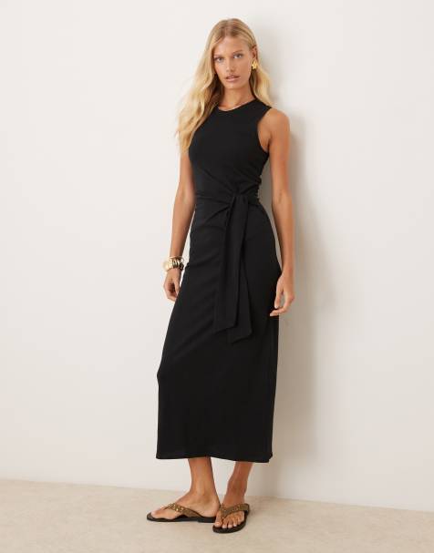 Mango cotton scoop neck tie detail midi dress in black