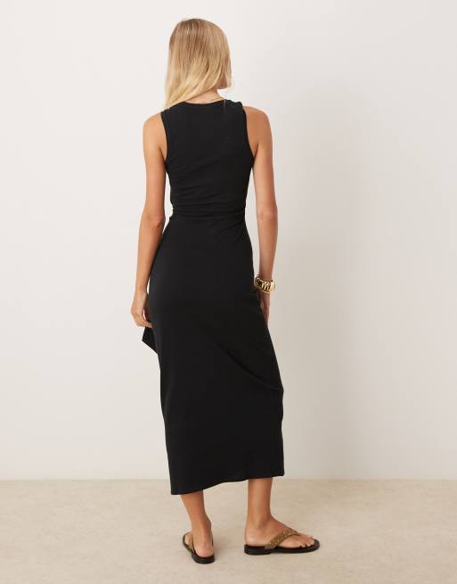 Mango cotton scoop neck tie detail midi dress in black | ASOS