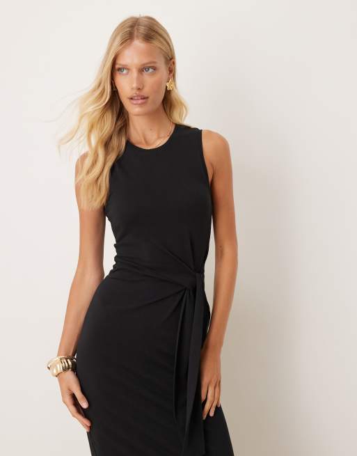 Mango cotton scoop neck tie detail midi dress in black | ASOS
