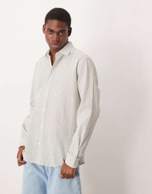 Mango cotton seersucker long sleeve shirt in green stripe - view 1