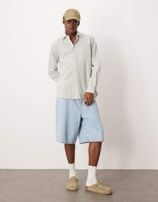 Mango Cotton Seersucker Long Sleeve Shirt In Gray