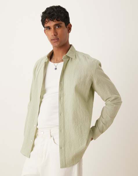 Mango cotton seersucker long sleeve shirt in pastel green - view 1