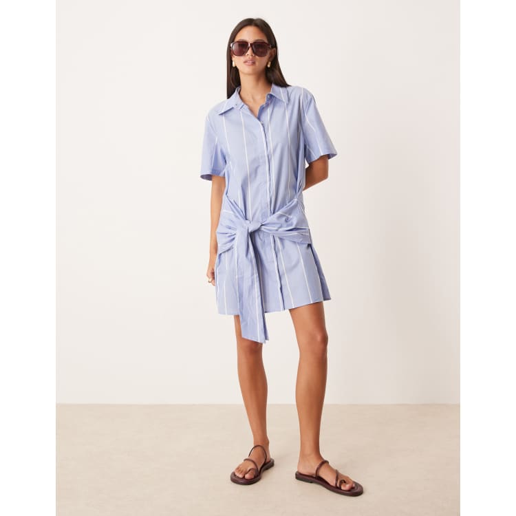 Mango cotton shirt dress with waist tie up in light blue stripe | ASOS