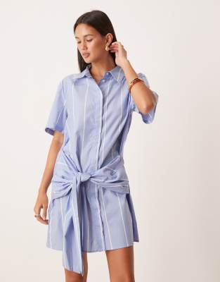 Mango Cotton Shirt Dress With Waist Tie Up In Blue