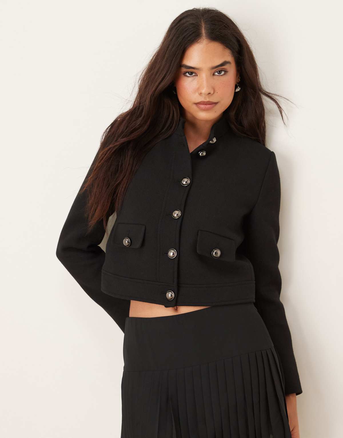 Mango cotton short tailored jacket with gold buttons in black