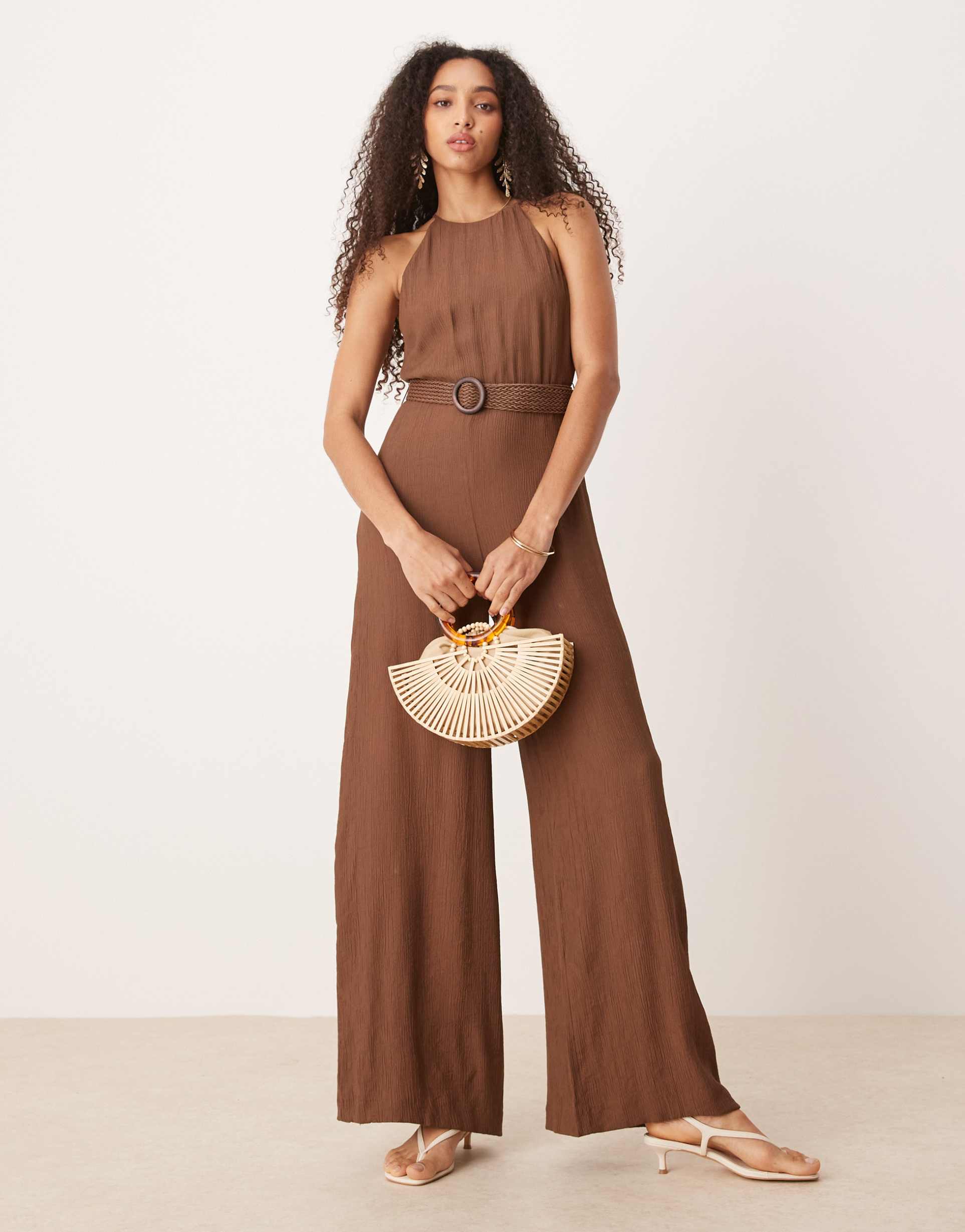 mango cotton sleeveless jumpsuit with woven belt in brown