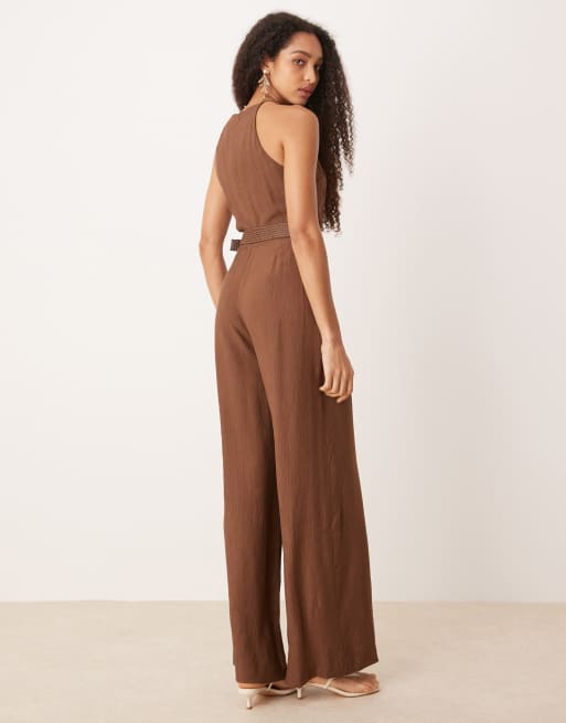 Mango cotton sleeveless jumpsuit with woven belt in brown ASOS
