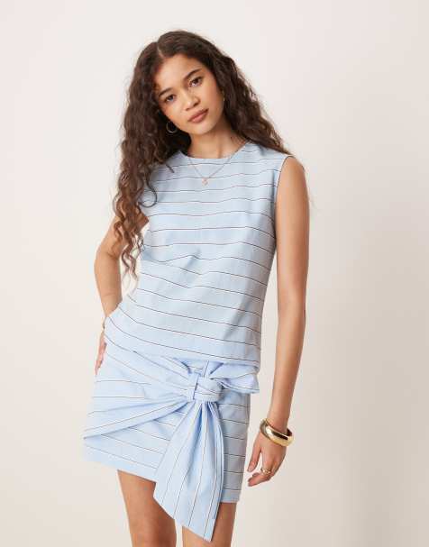 Mango cotton sleeveless top co-ord in light blue stripe