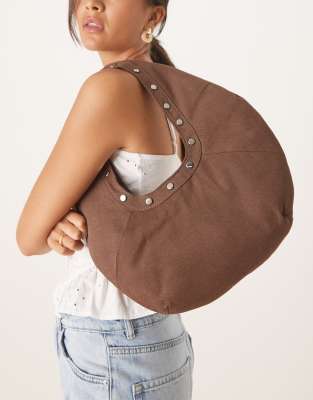 Mango Cotton Slouchy Handbag With Studded Trim In Brown