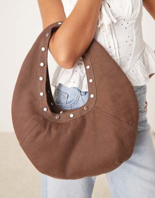 Mango Cotton Slouchy Handbag With Studded Trim In Brown