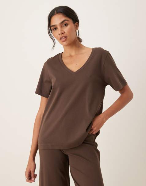 Mango cotton slouchy v-neck pyjama t-shirt co-ord in brown - view 1