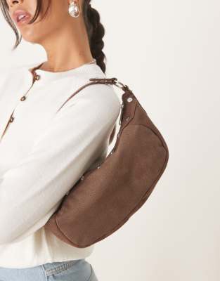 Mango Cotton Small Slouchy Handbag With Studded Trim In Brown