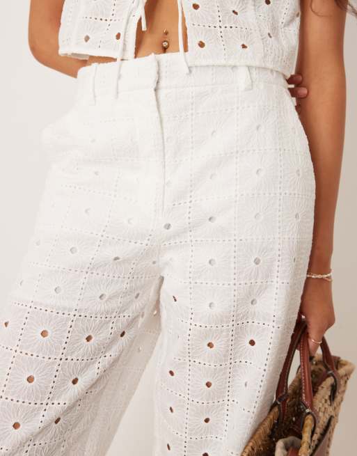 Mango cotton straight leg broderie detail pants in white - part of a set