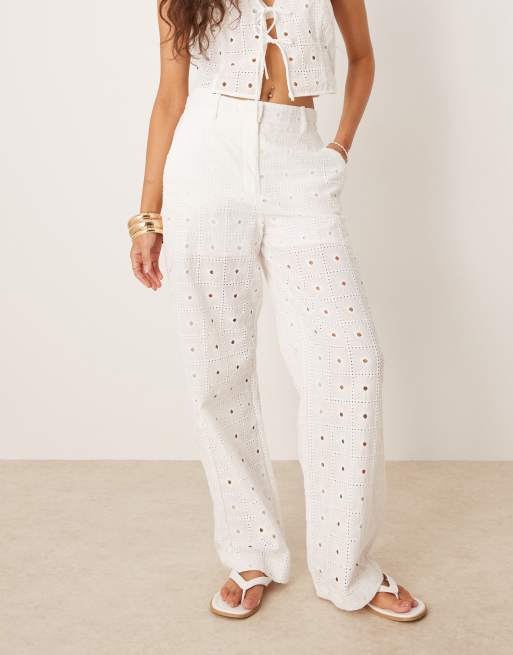 Mango cotton straight leg broderie detail pants in white - part of a set, 5 of 5