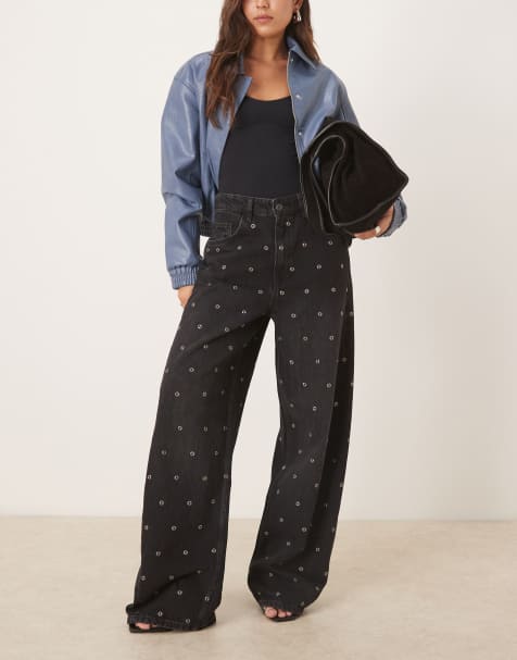 Mango cotton straight leg jean with eyelets in washed black - view 1