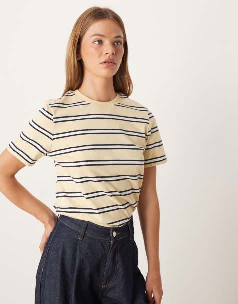 Mango cotton striped T-shirt in yellow and brown stripe - view 1