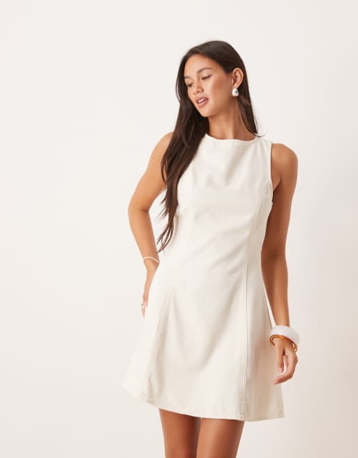 Mango cotton structured fit and flare denim mini dress in ecru, 2 of 4