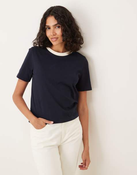Mango cotton T-shirt in navy with cream neckline - view 1